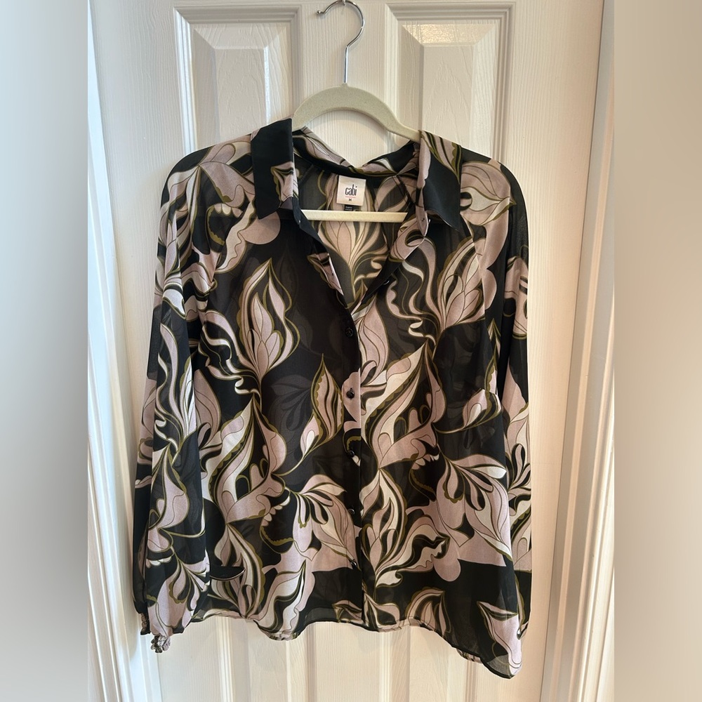 CAbi Black and Cream Leaf Print Blouse